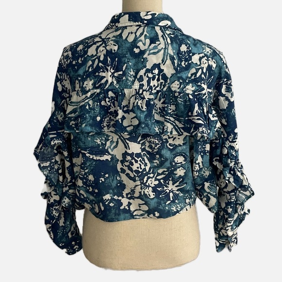Pilcro Anthropologie Cropped Batwing Blouse XXS Oversized Ruffle Batik Blue - Picture 5 of 16